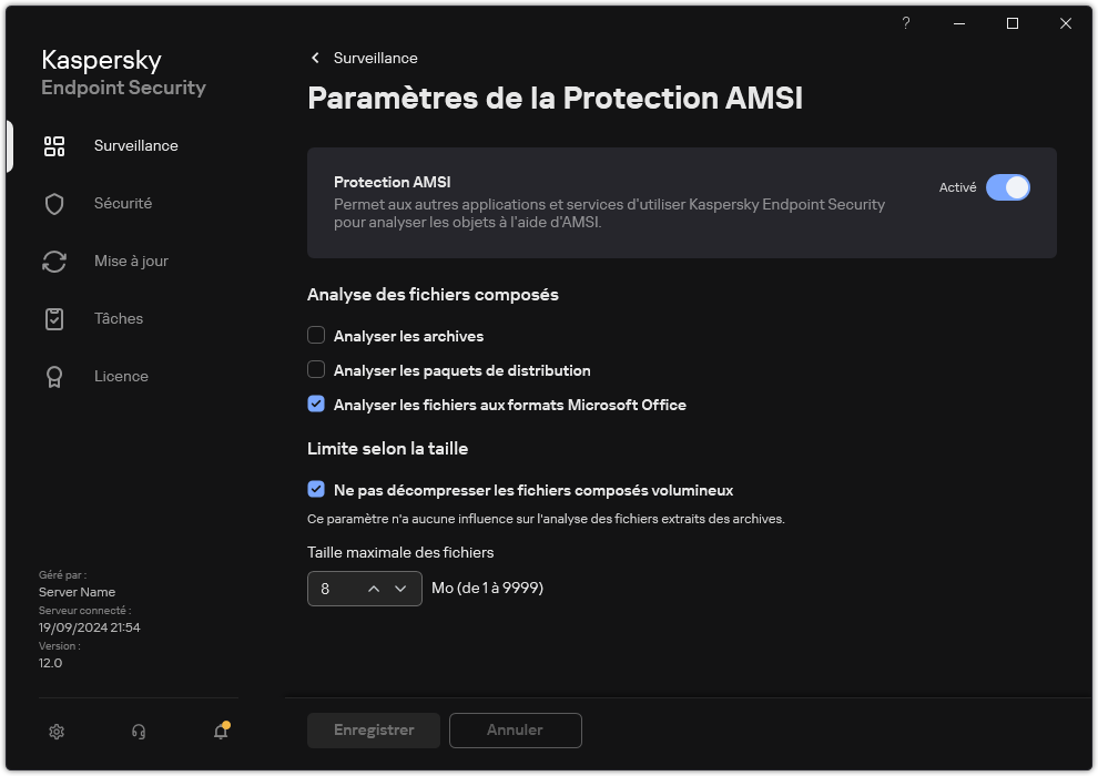 Fenetre des paramètres de protection AMSI.