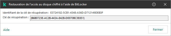 Une fenêtre contenant la clé permettant de restaurer l'accès au disque non-système chiffré.