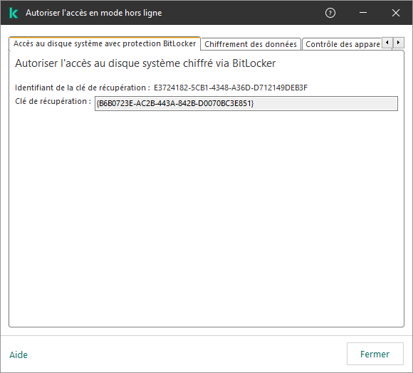 Une fenêtre contenant la clé permettant de restaurer l'accès au disque système chiffré.