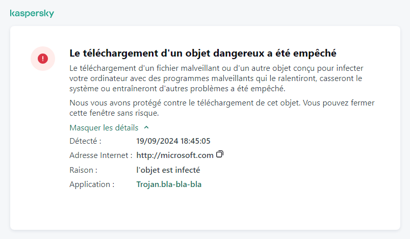 Notification de Kaspersky concernant la prévention du chargement d'un objet malveillant dans la fenêtre du navigateur.