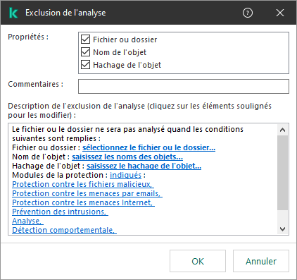 Une fenêtre avec des outils de sélection d'exclusion. L'utilisateur peut sélectionner un fichier ou un dossier, saisir un nom d'objet ou un hachage.