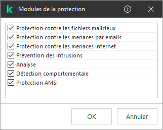 Une fenêtre avec la liste des modules de l'application. L'exclusion s'applique au fonctionnement de certains modules uniquement.