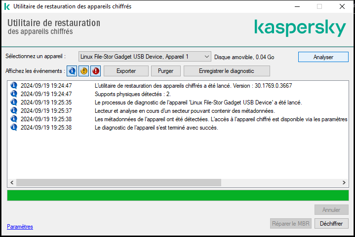 Une fenêtre avec la liste des événements de l'utilitaire. L'utilisateur peut lancer des diagnostics et déchiffrer l'appareil sélectionné.