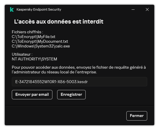 Une fenêtre avec un fichier de demande d'accès à des données chiffrées. L'utilisateur peut enregistrer le fichier généré sur le disque ou l'envoyer par email.