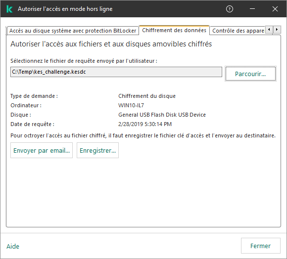 La fenêtre contient un champ pour sélectionner le fichier de demande. L'utilisateur peut enregistrer le fichier clé d'accès généré sur le disque ou l'envoyer par email.