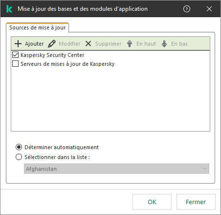 Une fenêtre avec la liste des sources de mises à jour. L'utilisateur peut ajouter des sources de mises à jour et attribuer une priorité à la source.