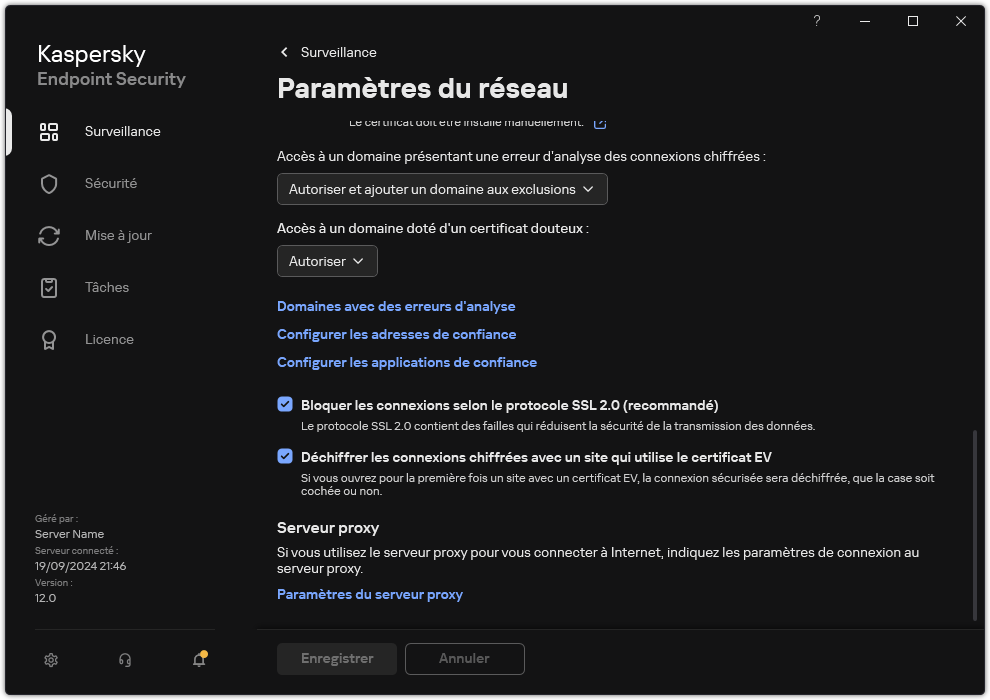 Fenêtre des paramètres réseau des applications.