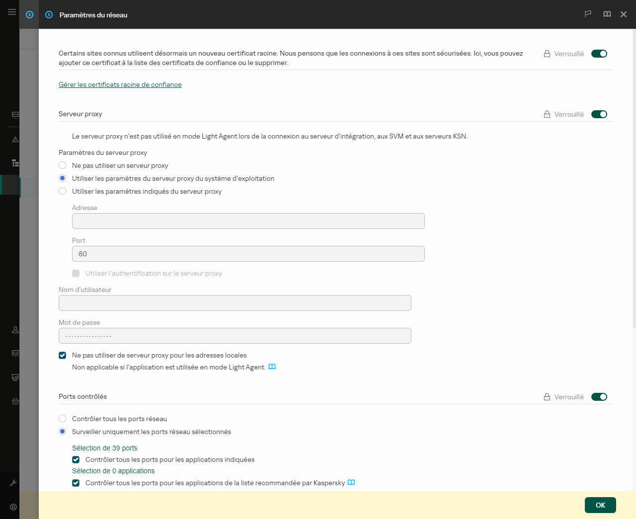 Fenêtre des paramètres réseau des applications. L'utilisateur peut configurer les paramètres du serveur proxy.