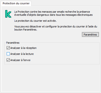 Extension Kaspersky pour la fenêtre Outlook. L'utilisateur peut configurer l'analyse des messages lorsqu'ils sont reçus, lus ou envoyés.