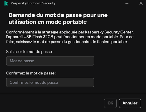 La fenêtre contient des champs pour saisir et confirmer le mot de passe.