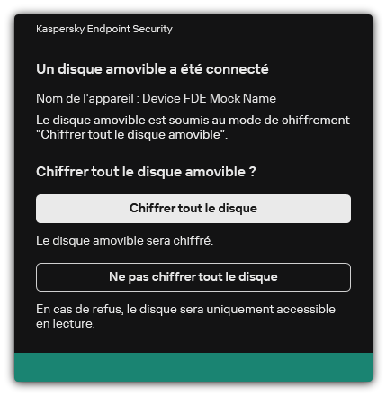 Notification concernant un disque connecté dont le chiffrement des fichiers est activé. L'utilisateur peut chiffrer des fichiers ou refuser.