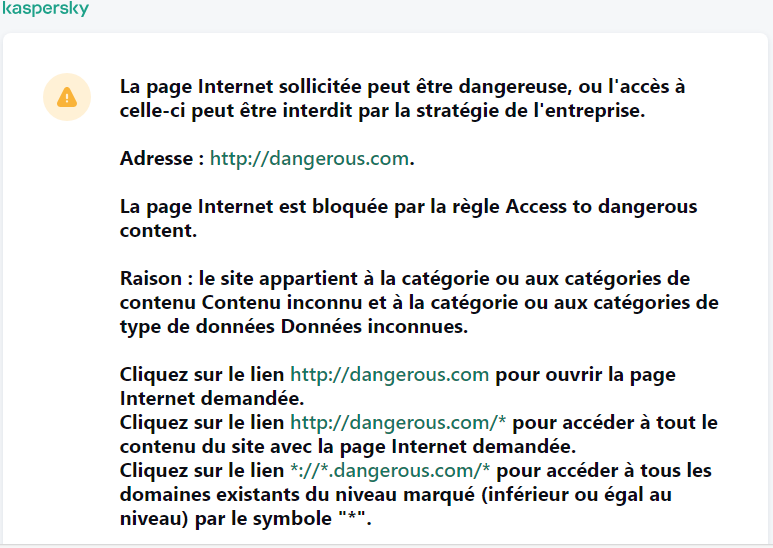 Notification de Kaspersky concernant la visite d'une page Internet potentiellement non sécurisée dans la fenêtre du navigateur. L'utilisateur peut créer une demande d'accès à la ressource Internet.