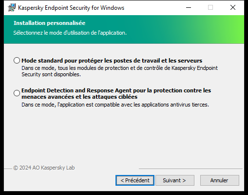 Fenêtre du programme d'installation avec configuration de l'application : fonctionnalités complètes ou Endpoint Detection and Response Agent.