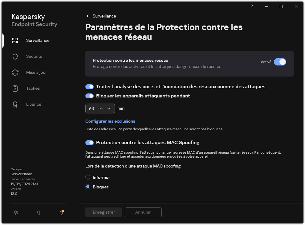 Fenêtre des paramètres de la Protection contre les menaces réseau