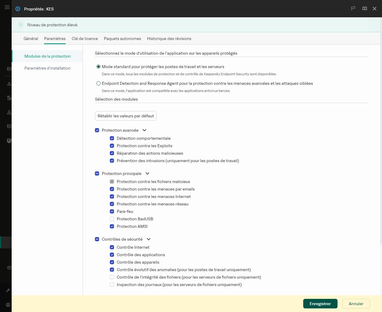 Fenêtre des propriétés du paquet d'installation. Vous pouvez sélectionner les modules d'application que vous souhaitez inclure.