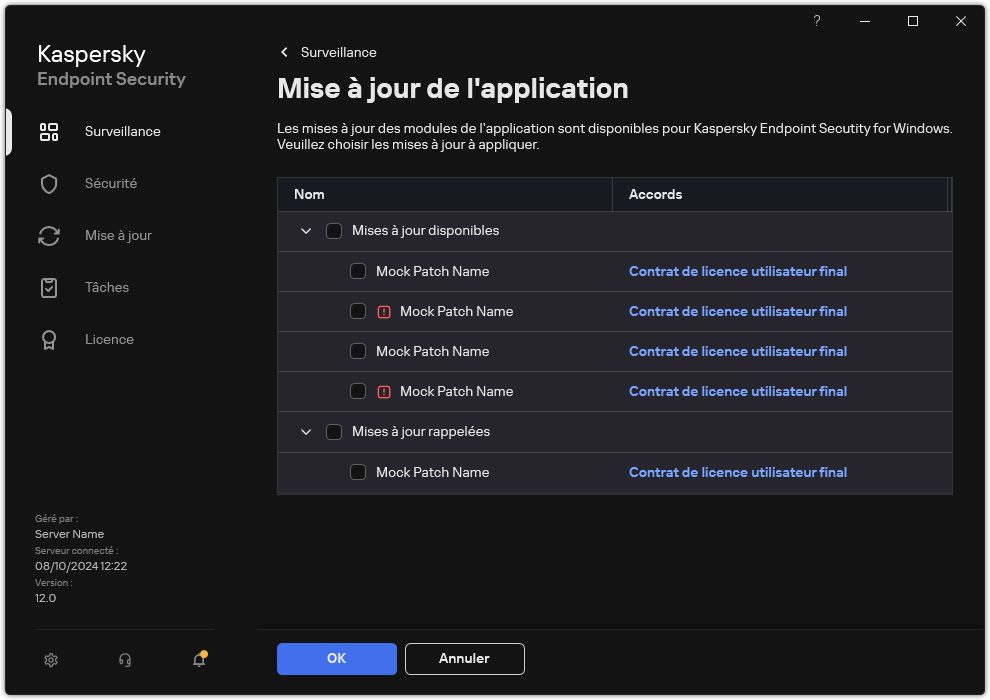 Fenêtre avec la liste des correctifs disponibles. L'utilisateur peut sélectionner les correctifs et accepter les conditions générales des accords.