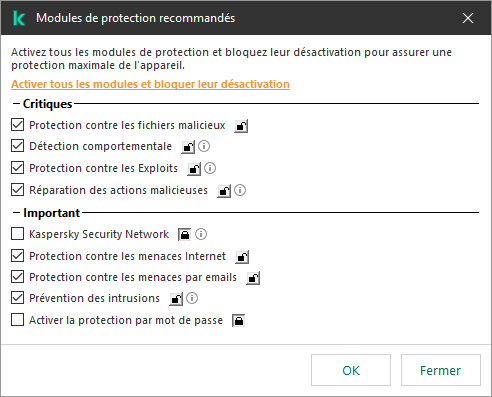 Fenêtre d'activation des modules de protection recommandés. Vous pouvez activer tous les modules de la protection et interdire leur désactivation.