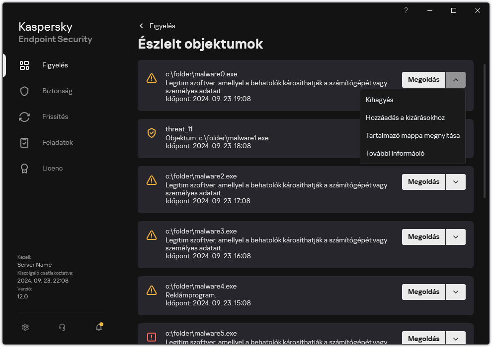 Egy ablak az észlelt objektumok listájával. Megjelenik az objektumra vonatkozó információ. A felhasználó feloldhatja vagy eltávolíthatja az objektumot.