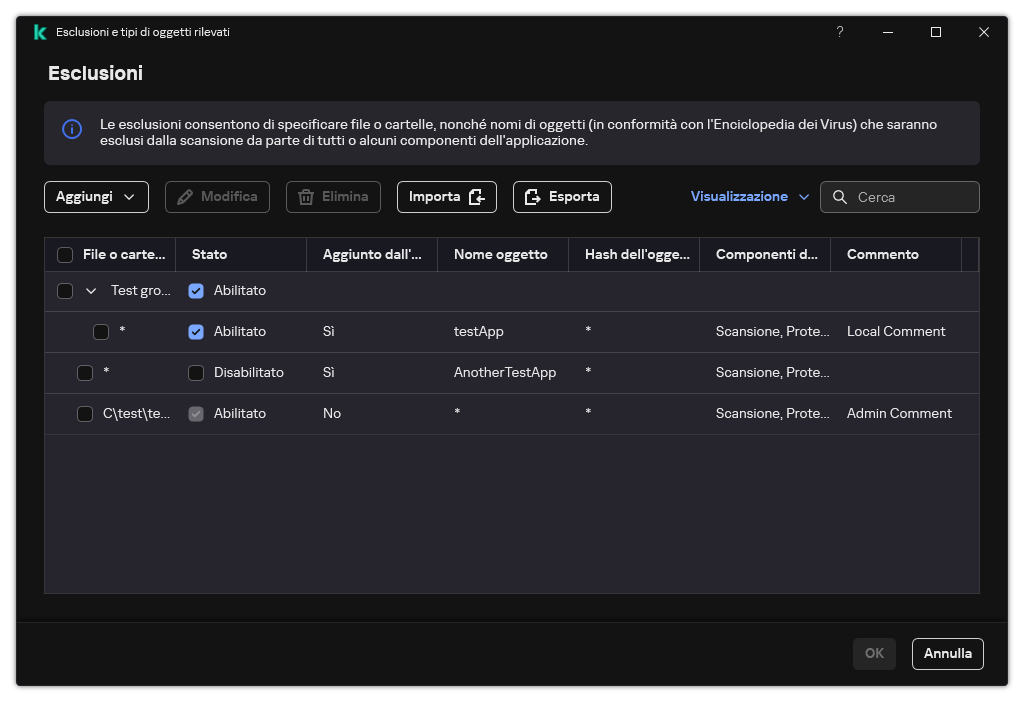Una finestra con l'elenco delle esclusioni. Vengono visualizzate le proprietà di esclusione. L'utente può aggiungere, modificare o eliminare le esclusioni.