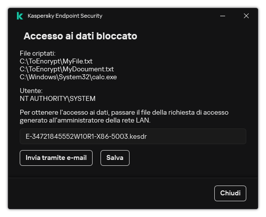 Una finestra con un file di richiesta per accedere ai dati criptati. L'utente può salvare il file generato su disco o inviarlo via e-mail.