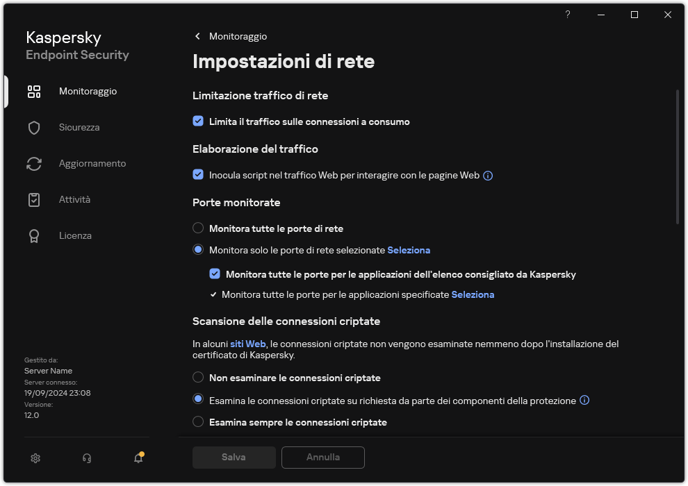 Finestra delle impostazioni di rete dell'applicazione.