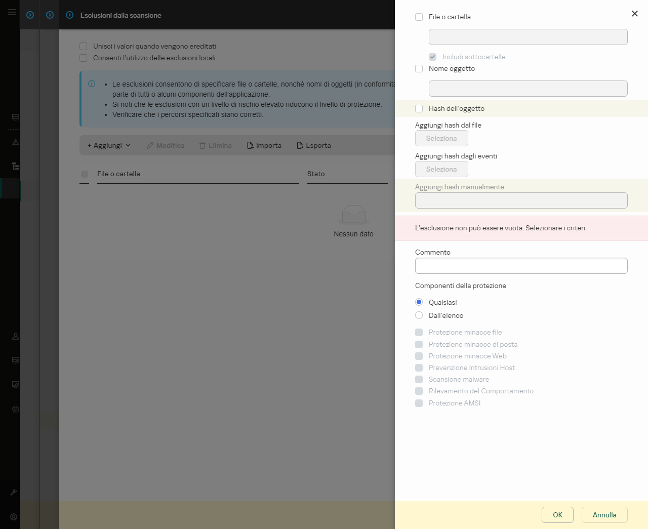 Una finestra con gli strumenti di selezione delle esclusioni. L'utente può selezionare un file o una cartella, inserire un hash o un nome dell'oggetto.