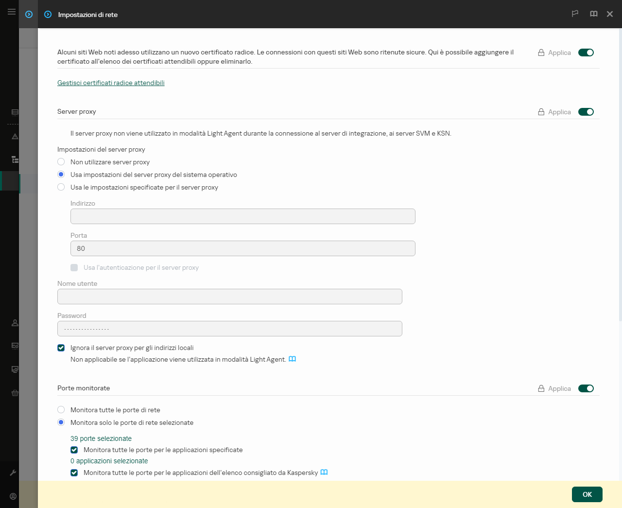 Finestra delle impostazioni di rete dell'applicazione. L'utente può configurare le impostazioni del server proxy.