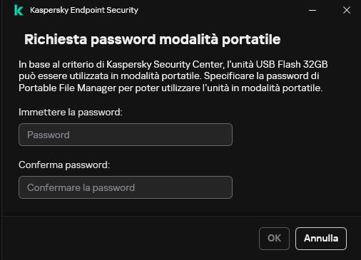 La finestra contiene i campi per l'immissione e la conferma della password.