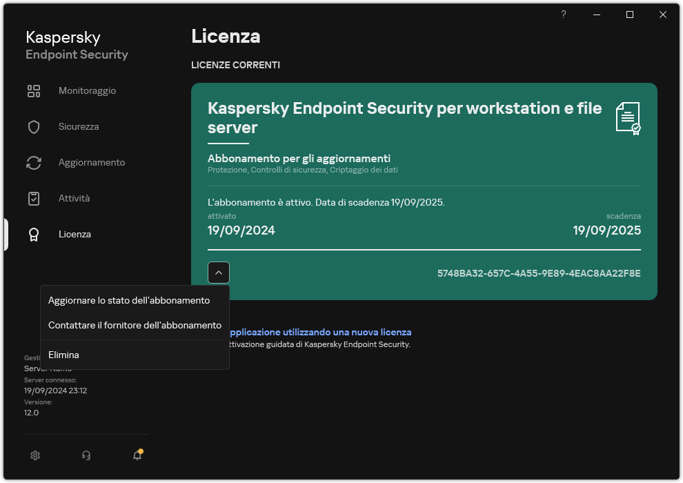 La finestra con le informazioni sulla licenza. L'utente può aggiornare lo stato dell'abbonamento, contattare il fornitore dell'abbonamento o rimuovere la licenza.