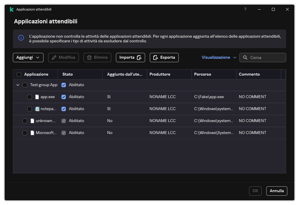 Una finestra con l'elenco delle applicazioni attendibili. L'utente può aggiungere, modificare o rimuovere un'applicazione attendibile.