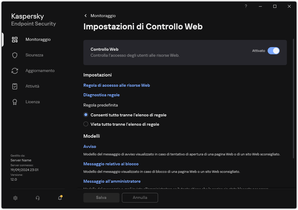 Finestra delle impostazioni di Controllo Web.