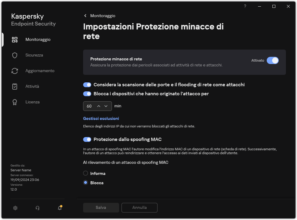 Finestra Impostazioni di Protezione minacce di Rete