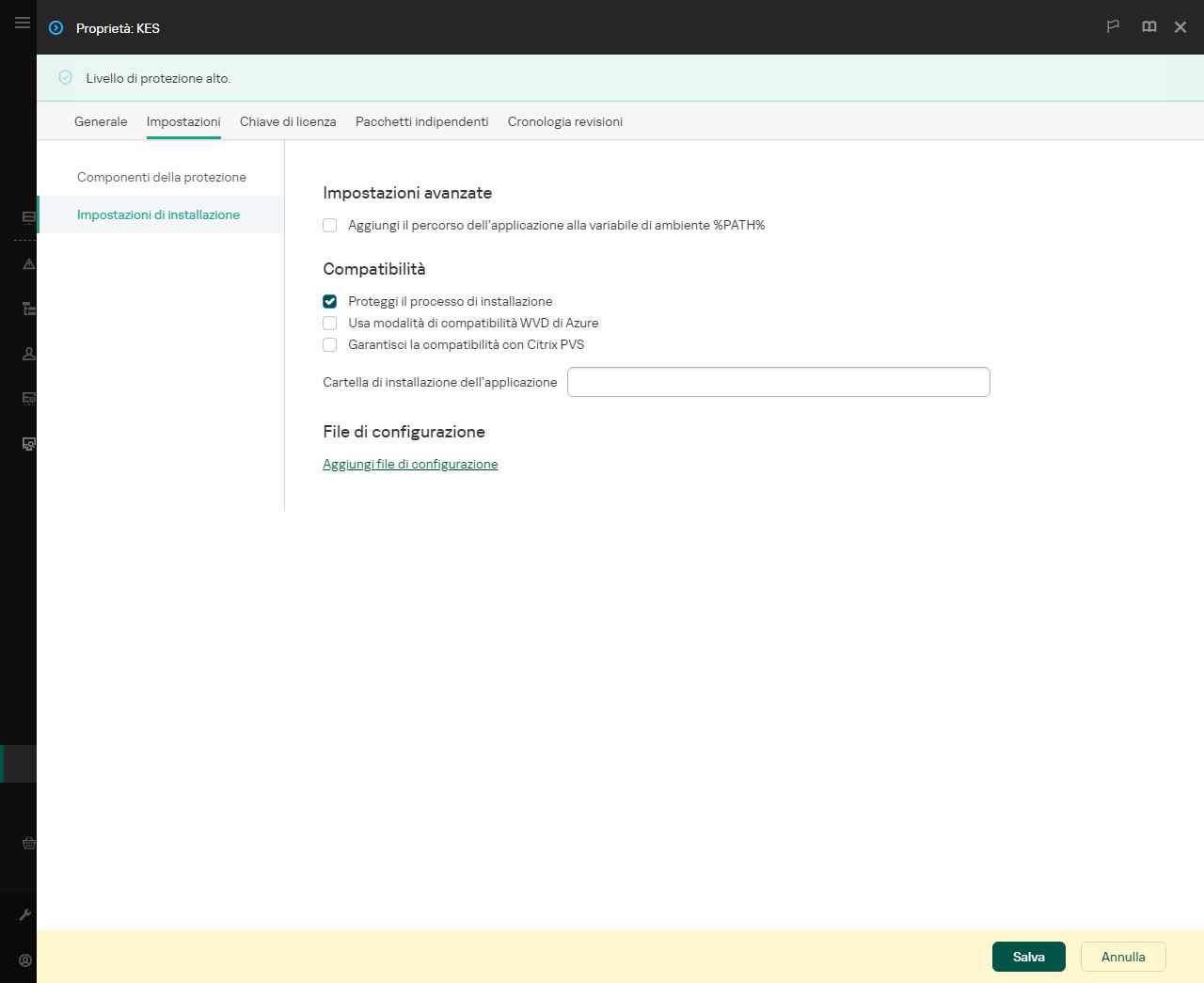 Finestra delle proprietà del pacchetto di installazione. È possibile configurare l'installazione dell'applicazione.