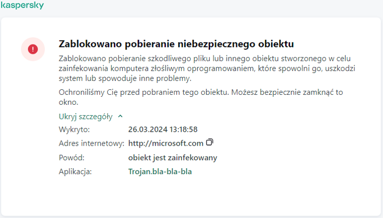 Powiadomienie firmy Kaspersky o zapobieganiu pobrania szkodliwego obiektu w oknie przeglądarki.