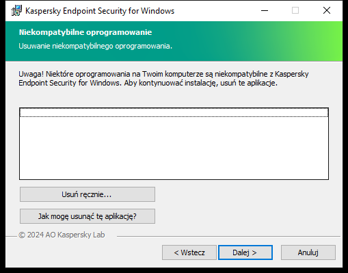 Okno instalatora z listą niekompatybilnego oprogramowania. Użytkownik może uruchomić usuwanie niekompatybilnego oprogramowania.