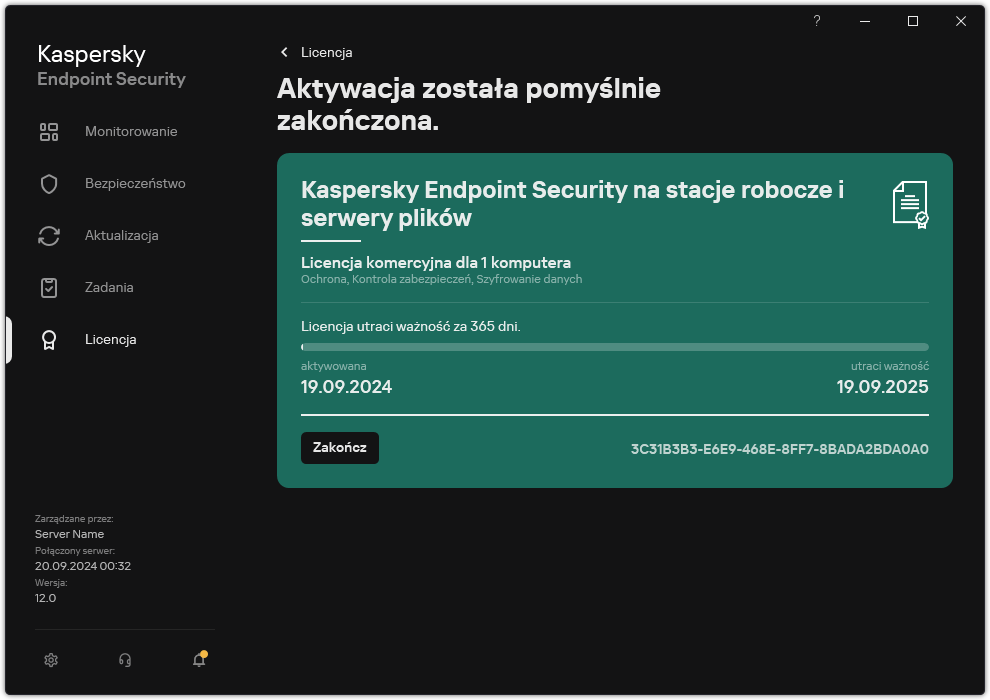 Okno zawiera informacje o licencji: datę wygaśnięcia, dostępne funkcje i inne informacje.