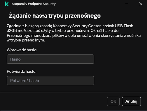 Okno zawiera pola do wpisania i potwierdzenia hasła.
