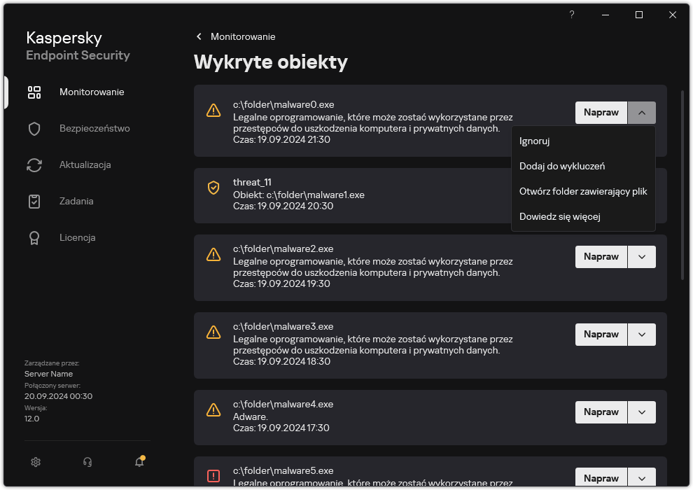 Okno z listą wykrytych obiektów. Wyświetlane są informacje o obiekcie. Użytkownik może rozwiązać lub usunąć obiekt.