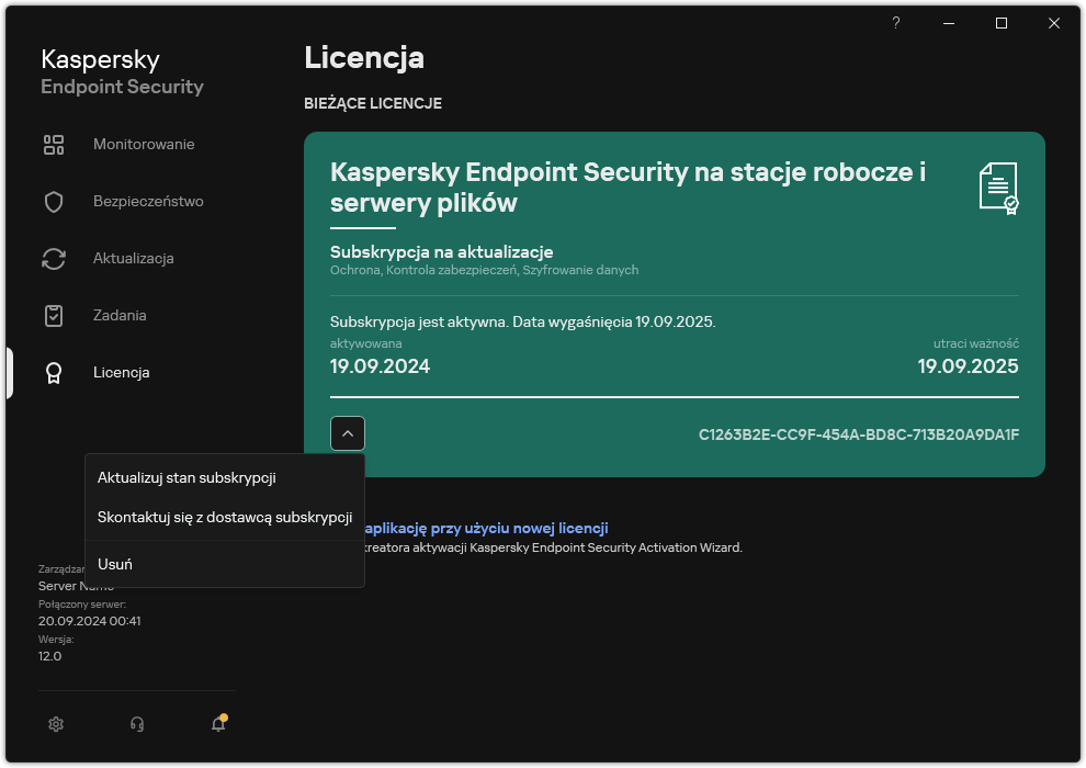 Okno z informacjami o licencji. Użytkownik może zaktualizować stan subskrypcji, skontaktować się z dostawcą subskrypcji lub usunąć licencję.