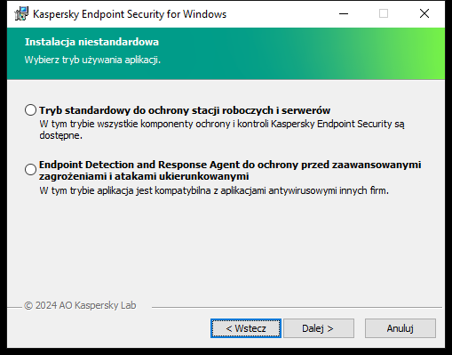 Okno instalatora umożliwiające konfigurację aplikacji: pełna funkcjonalność lub Endpoint Detection and Response Agent.