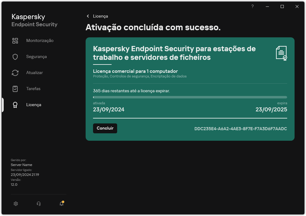 A janela contém informações sobre a licença: data de validade, funções disponíveis e outras informações.