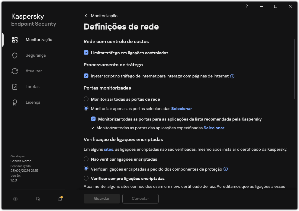 Janela de definições de rede da aplicação.