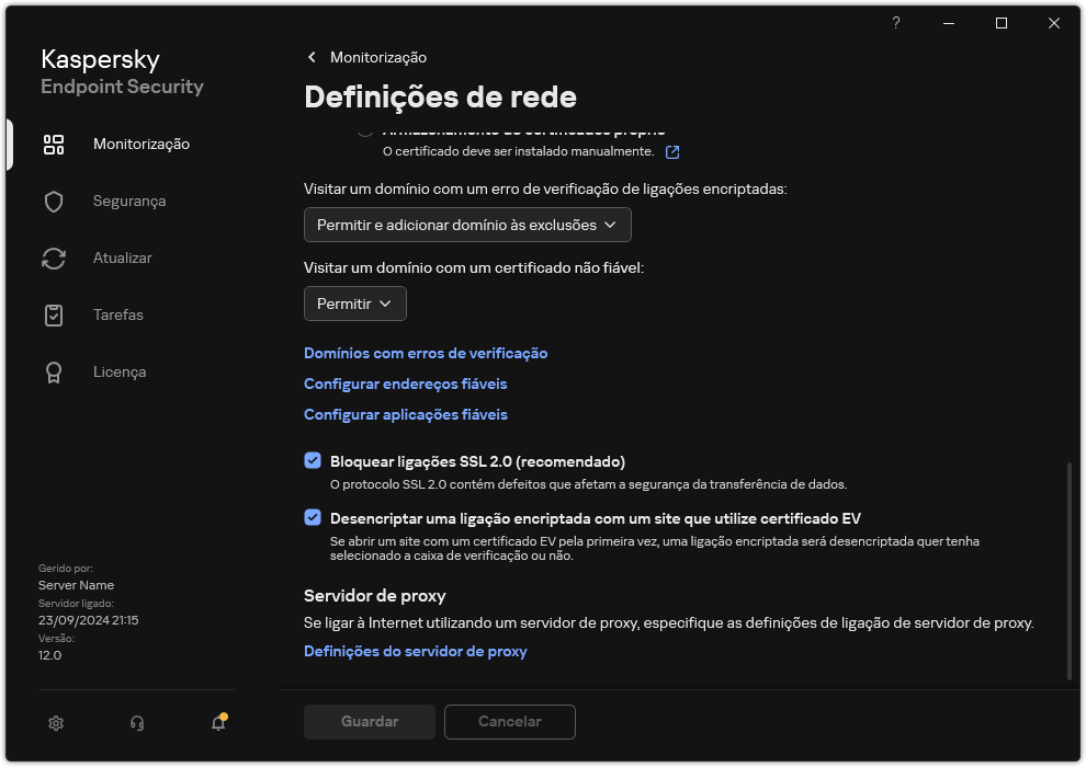 Janela de definições de rede da aplicação.