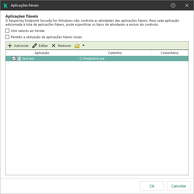 Uma janela com a lista de aplicações fiáveis. O utilizador pode adicionar, editar ou remover uma aplicação fiável.