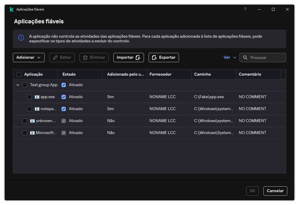 Uma janela com a lista de aplicações fiáveis. O utilizador pode adicionar, editar ou remover uma aplicação fiável.