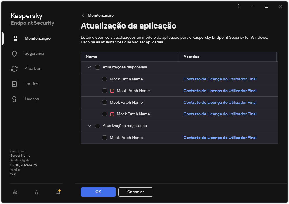 Janela com uma lista de patches disponíveis. O utilizador pode selecionar os patches e aceitar os termos e condições dos acordos.