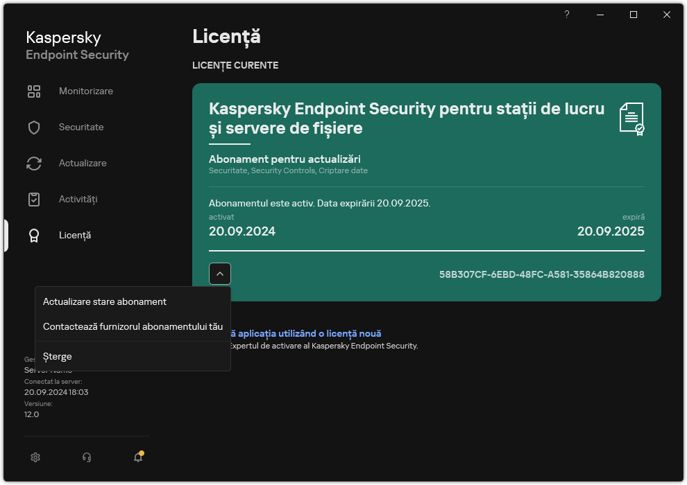 Fereastra cu informații despre licență. Utilizatorul poate actualiza starea abonamentului, poate contacta furnizorul abonamentului sau poate elimina licența.