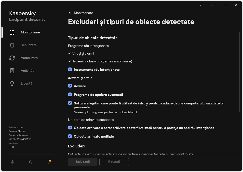 Fereastra cu setările excluderilor. Utilizatorul poate selecta tipuri de obiecte detectate și poate adăuga obiecte la excluderi.