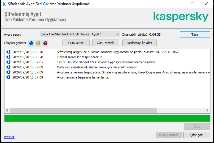 Yardımcı program olaylarının listesini içeren bir pencere. Kullanıcı tanılamayı çalıştırabilir ve seçilen cihazın şifresini çözebilir.