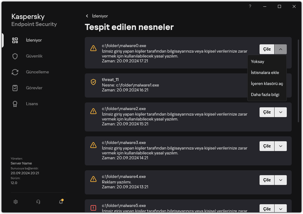 Algılanan nesnelerin listesini içeren bir pencere. Nesne hakkında bilgiler görüntülenir. Kullanıcı nesneyi çözümleyebilir veya kaldırabilir.